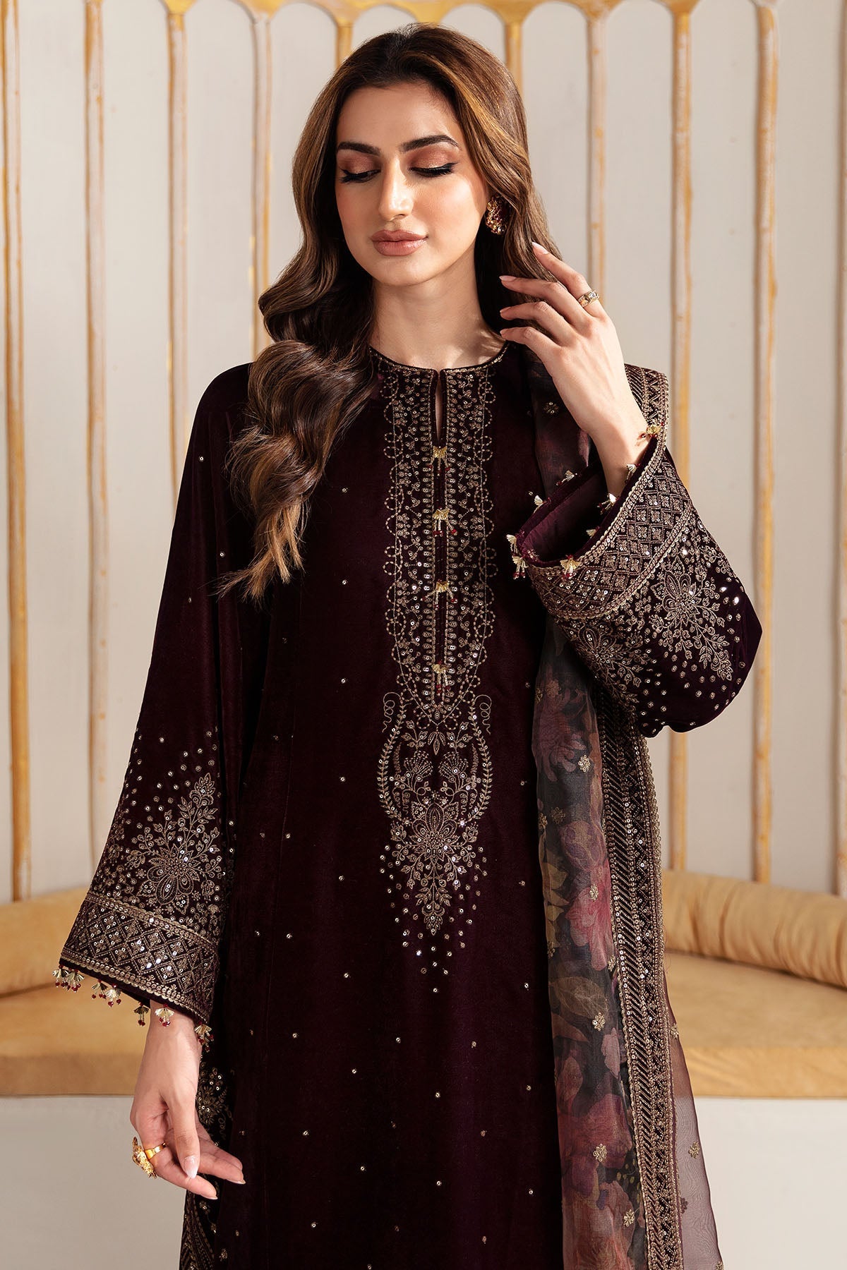 750 - Embroidered Velvet 3-Piece Dress with Organza Dupatta
