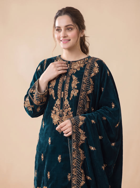 Poshak Villa Embroidered Micro Velvet 3 Piece D-2006