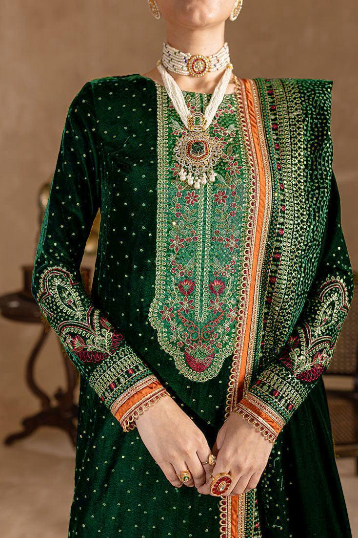 974 GREEN-3piece Embroidered Velvet Dress