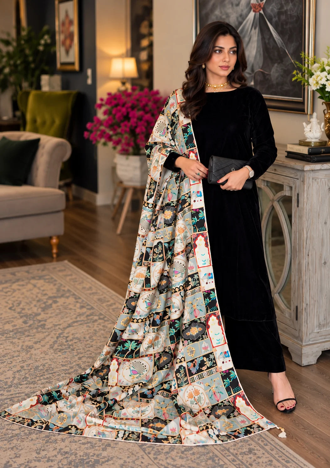 Poshak Villa Embroidered Micro Velvet 3 Piece D-2018