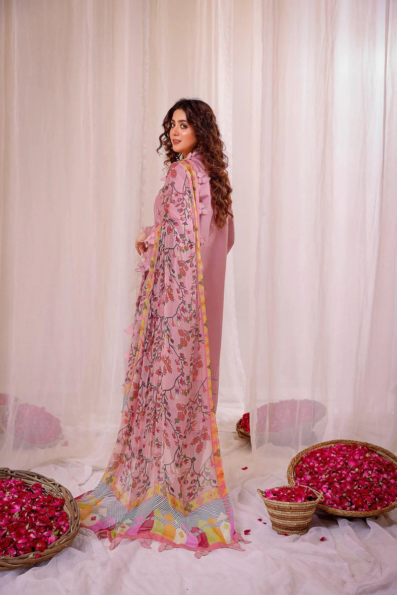 Embroidered Lawn 3pc with Silk Dupatta D-542