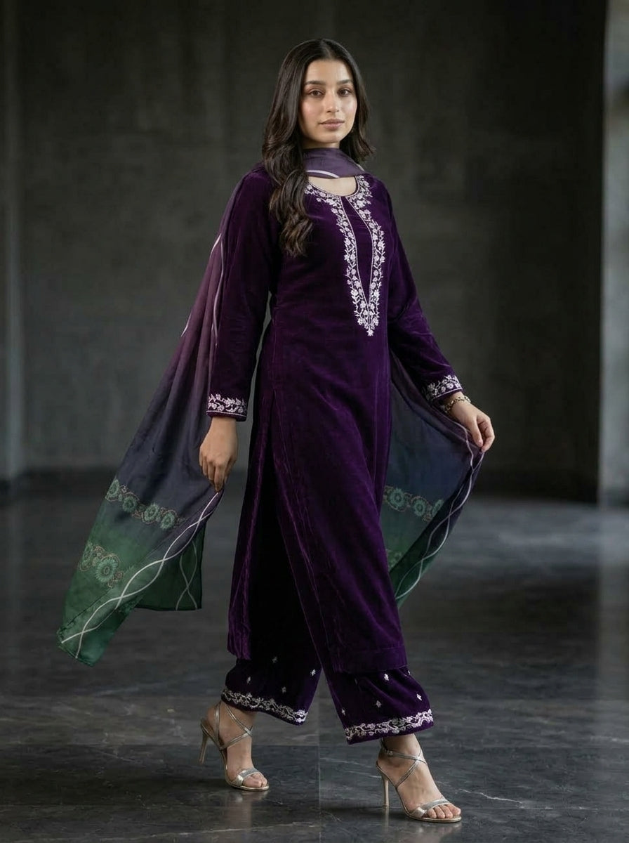 Poshak Villa Embroidered Micro Velvet 3 Piece D-2003