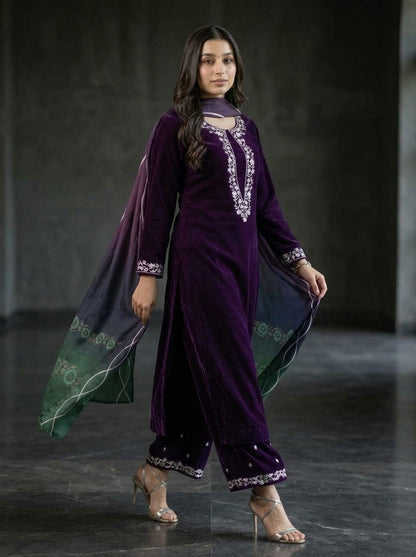 Poshak Villa Embroidered Micro Velvet 3 Piece D-2003