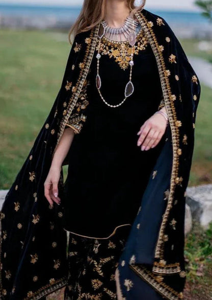 303 - Embroidered Velvet 3-Piece Dress with Velvet Shawl