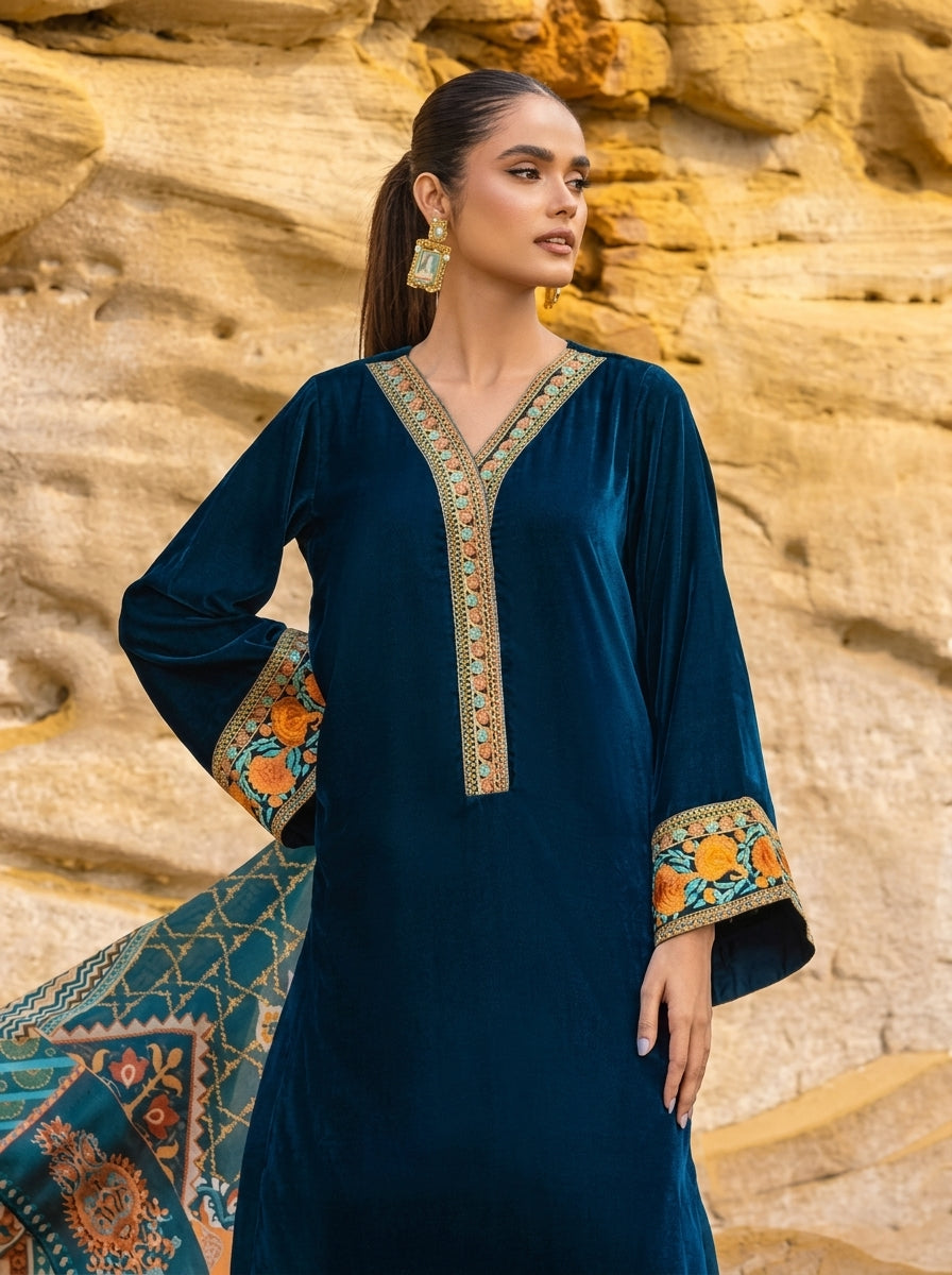 Poshak Villa Embroidered Micro Velvet 3 Piece D-2009
