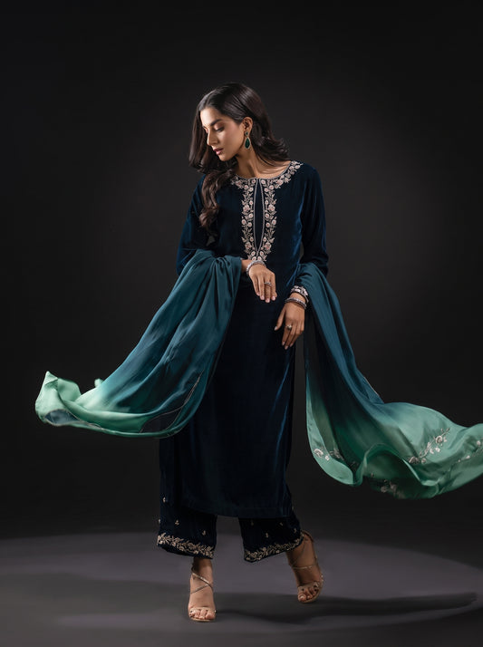 Poshak Villa Embroidered Micro Velvet 3 Piece D-2002
