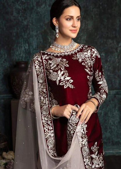 301 - Embroidered Velvet 3-Piece Dress with Organza Dupatta
