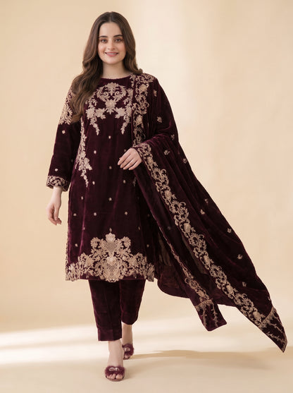 Poshak Villa Embroidered Micro Velvet 3 Piece D-2007