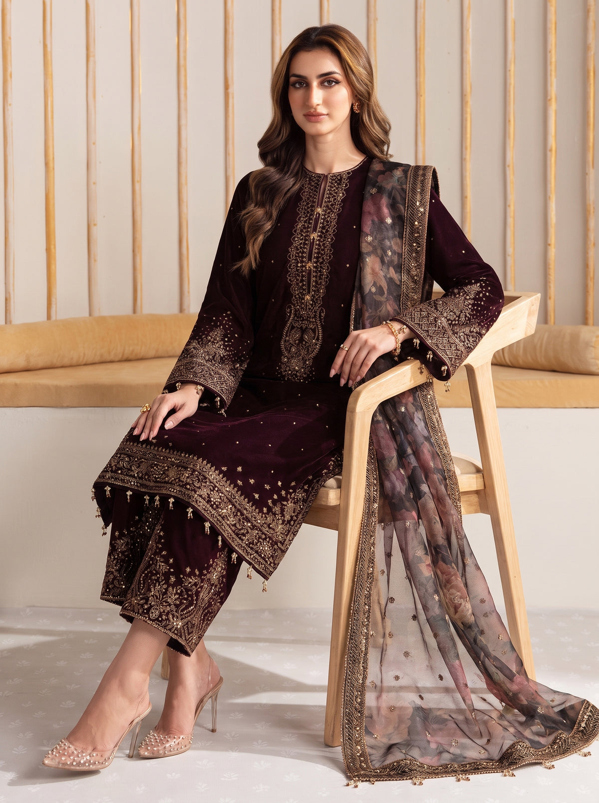 Poshak Villa Embroidered Micro Velvet 3 Piece D-2001