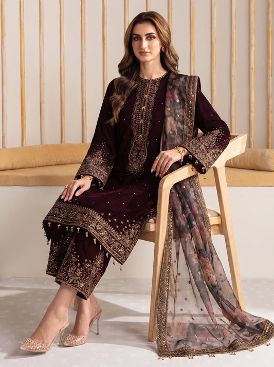 Poshak Villa Embroidered Micro Velvet 3 Piece D-2001