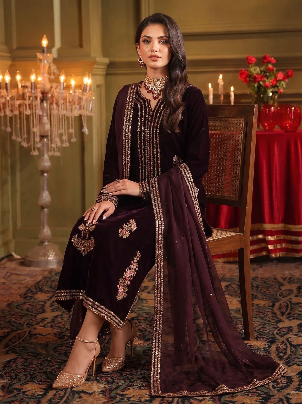 Poshak Villa Embroidered Micro Velvet 3 Piece D-2008