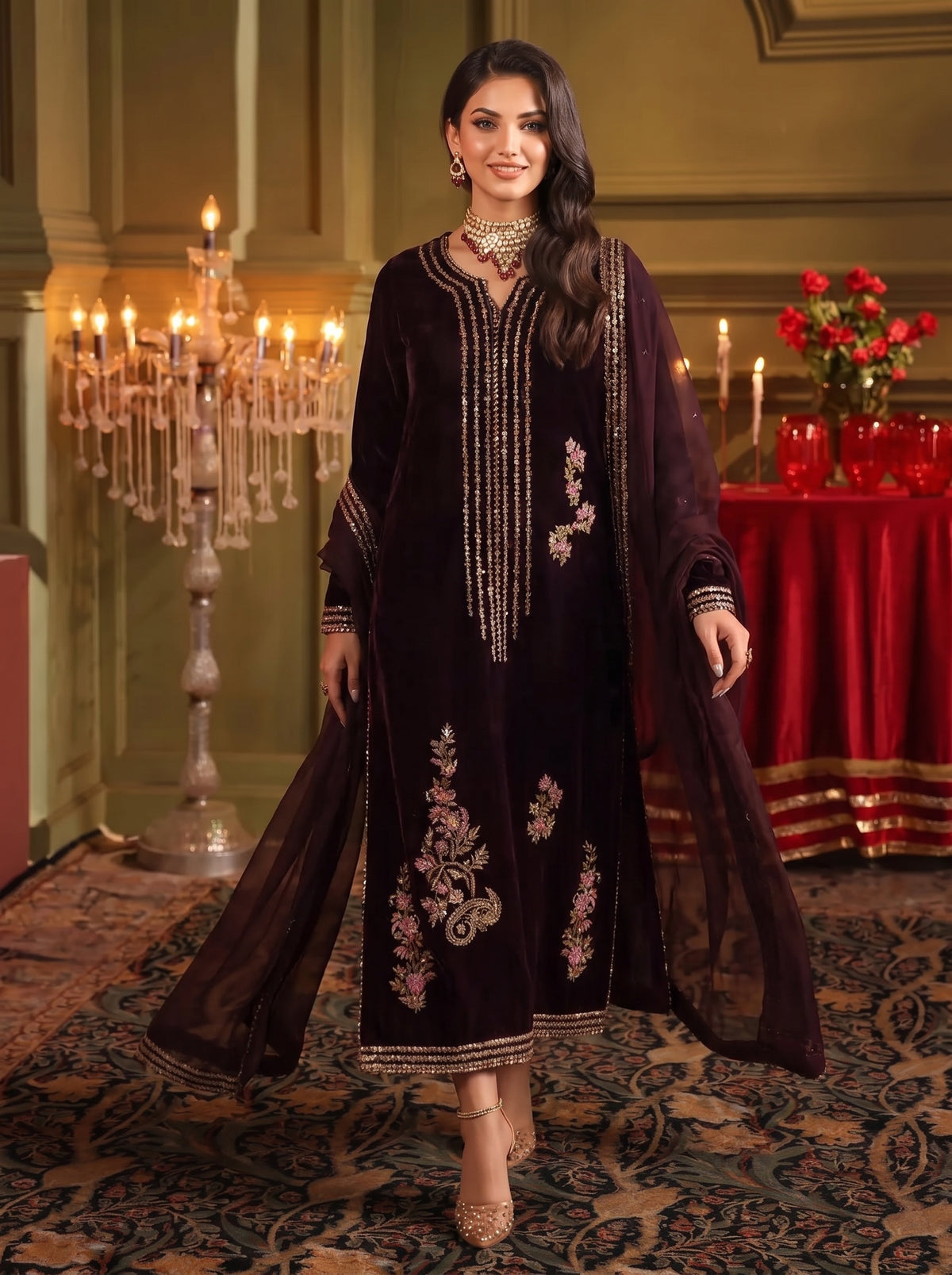 Poshak Villa Embroidered Micro Velvet 3 Piece D-2008