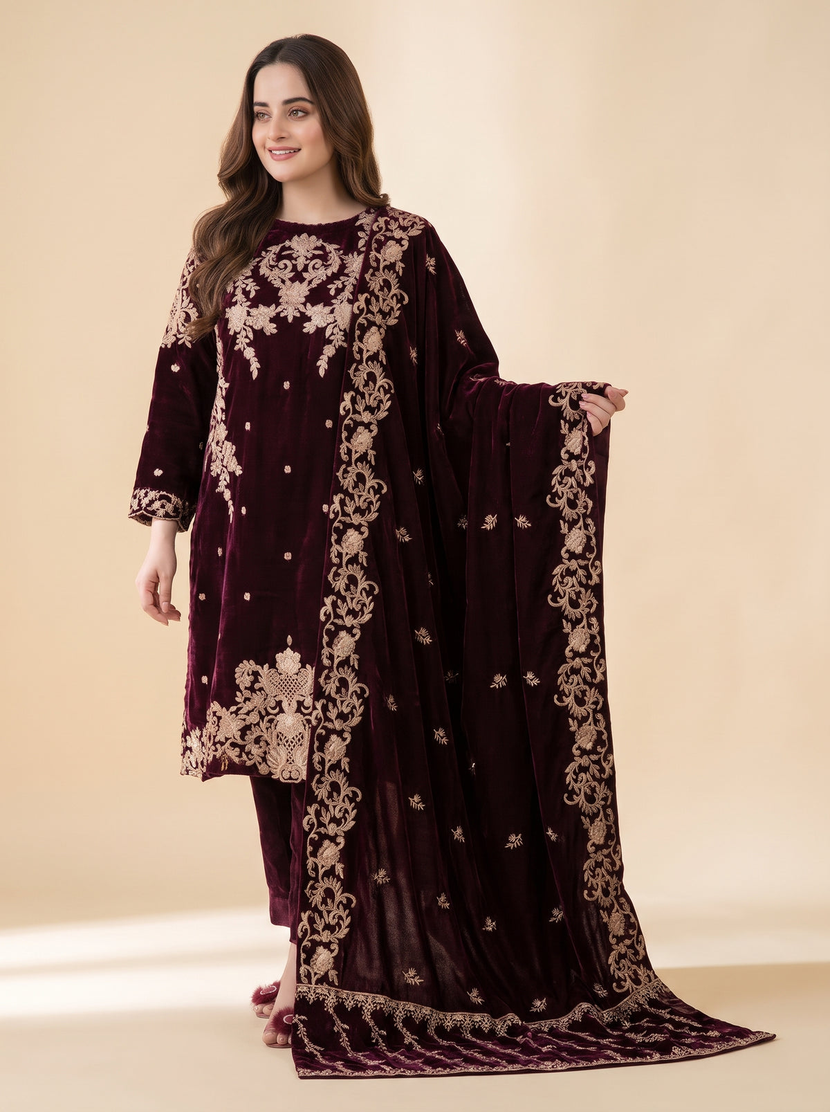 Poshak Villa Embroidered Micro Velvet 3 Piece D-2007