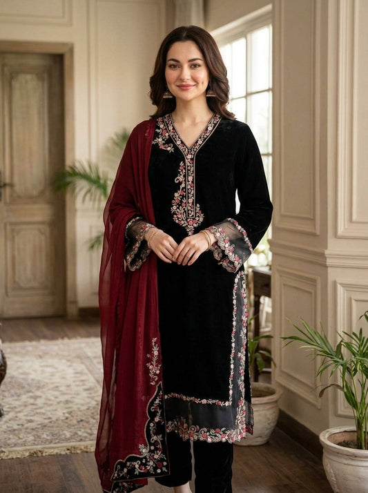 Poshak Villa Embroidered Micro Velvet 3 Piece D-2015
