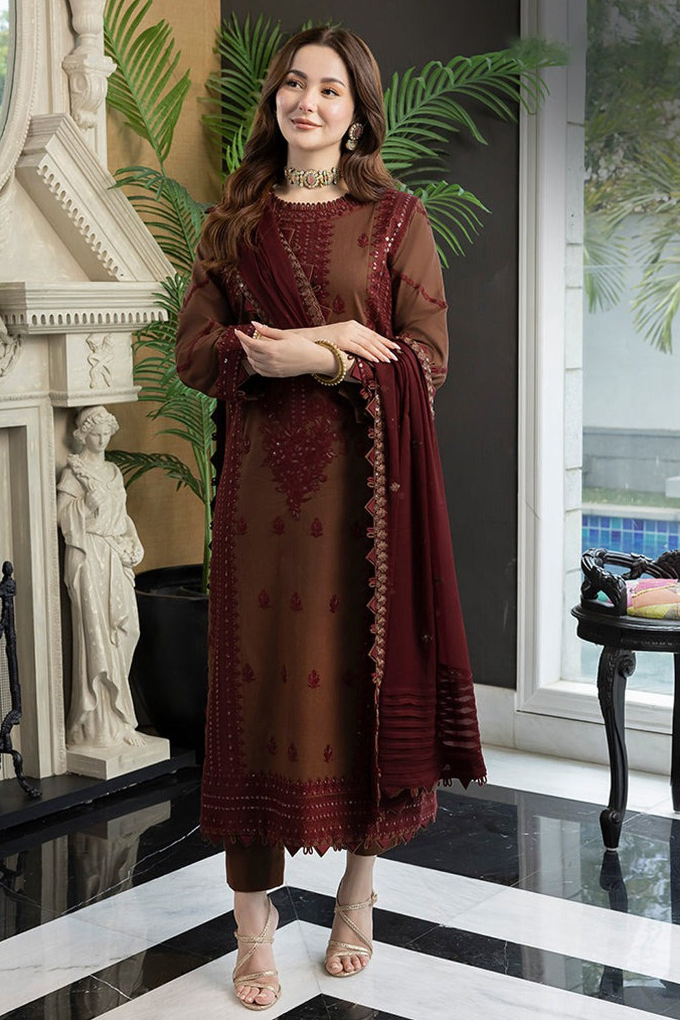 Poshak Villa 3 Piece Embroidered Dhanak | D-0405
