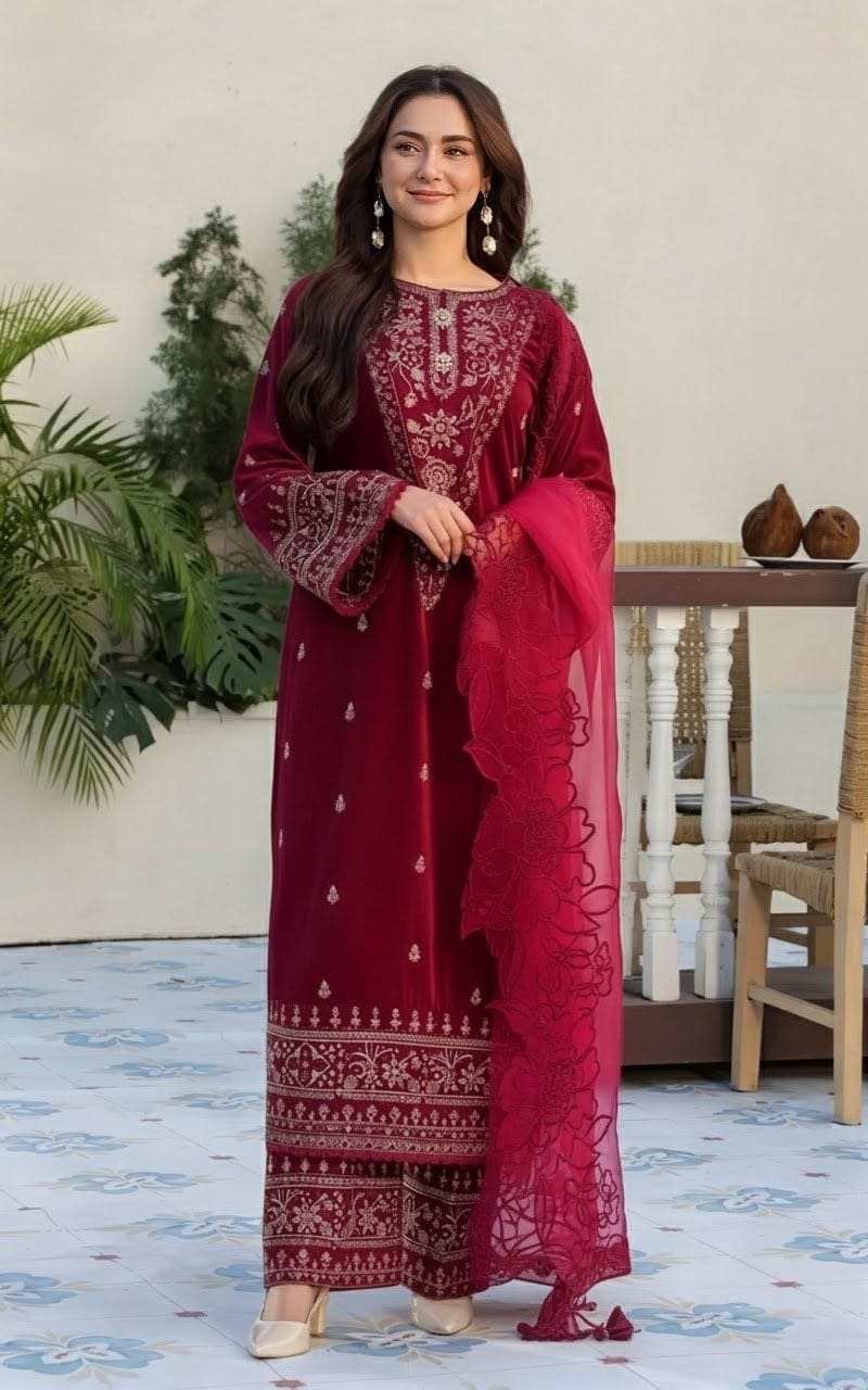 312 - Embroidered Velvet 3-Piece Dress with Embroidered Organza Dupatta