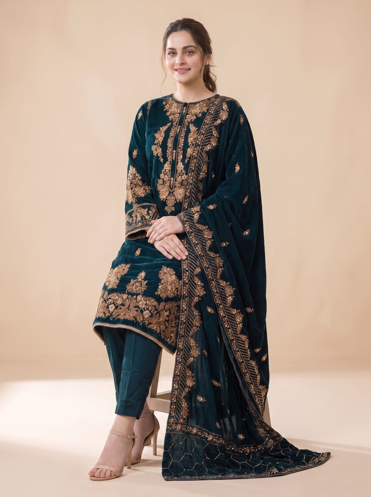 Poshak Villa Embroidered Micro Velvet 3 Piece D-2006