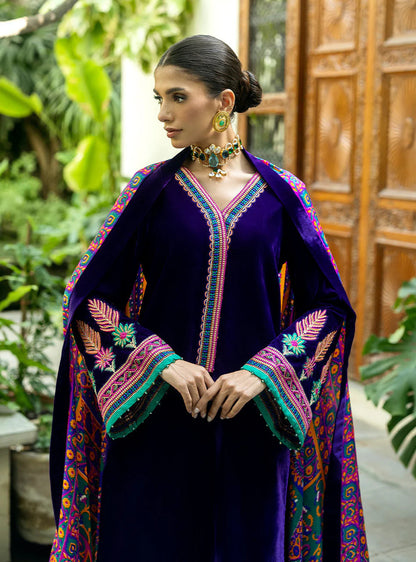 975-3piece Embroidered Velvet Dress