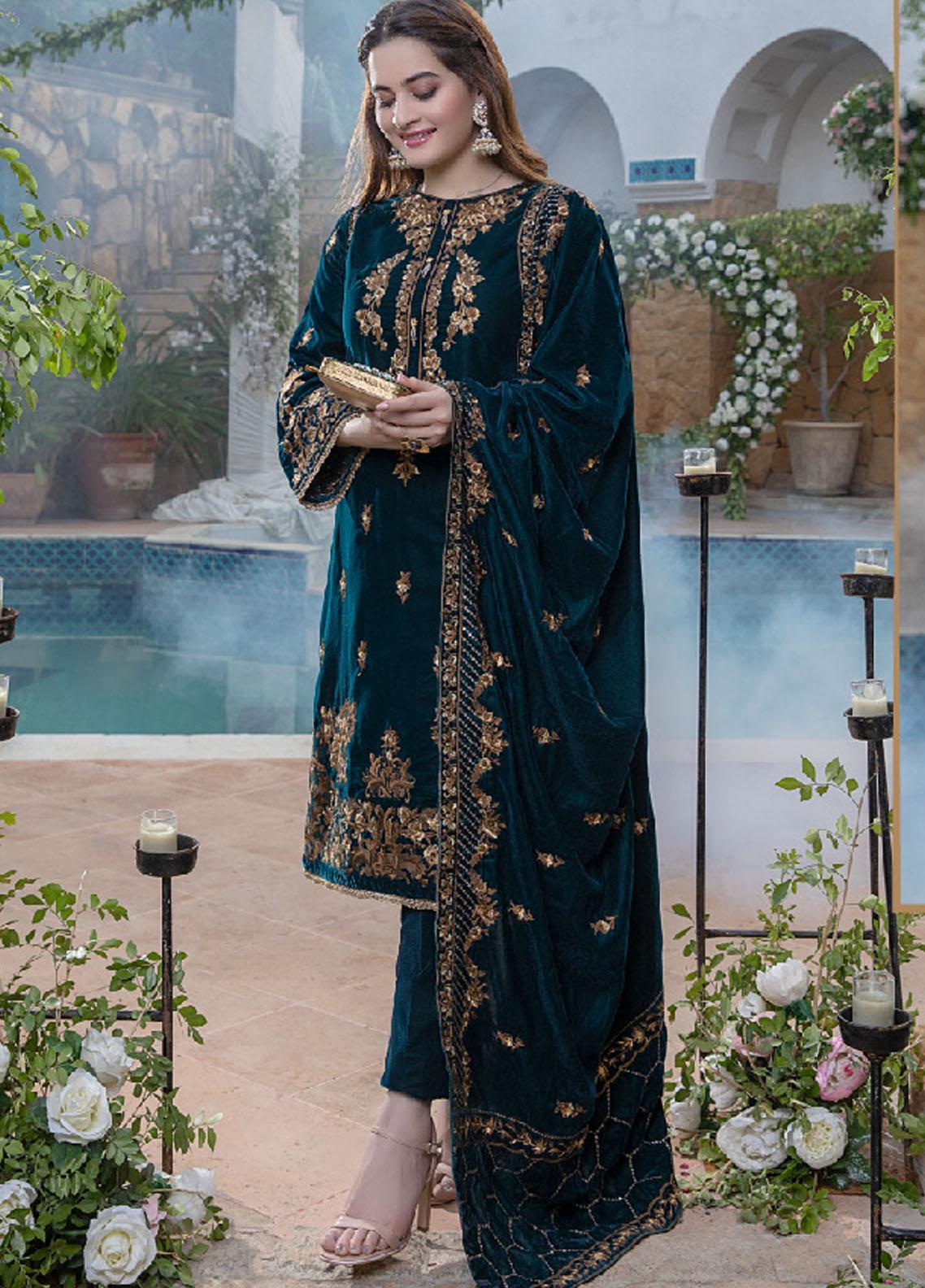 2050 Sequance Embroidered Velvet Three piece With Velvet Shawl