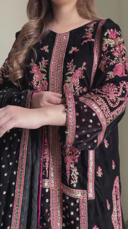 7007 - Embroidered Velvet Dress with Embroidered Dupatta