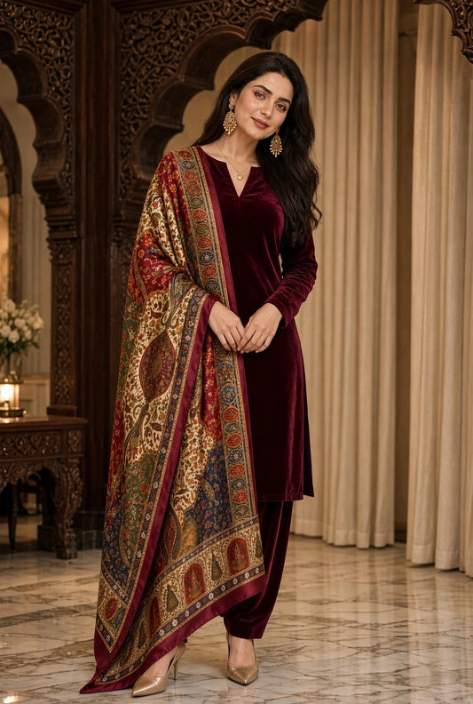 Poshak Villa Embroidered Micro Velvet 3 Piece D-2017