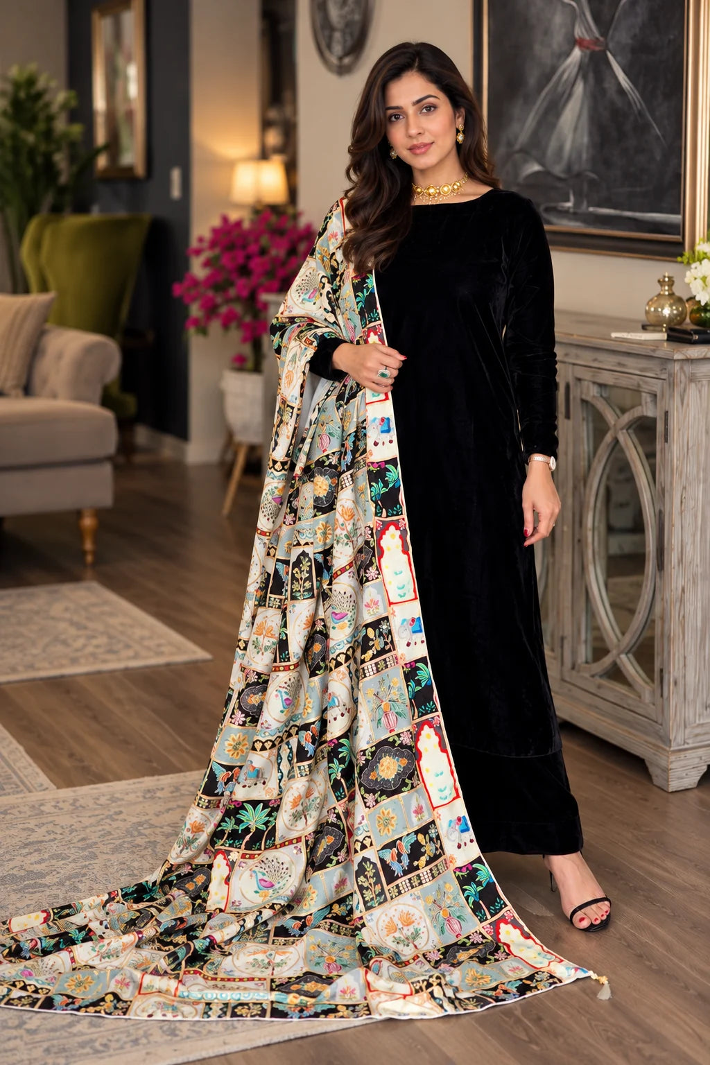 Poshak Villa Embroidered Micro Velvet 3 Piece D-2018