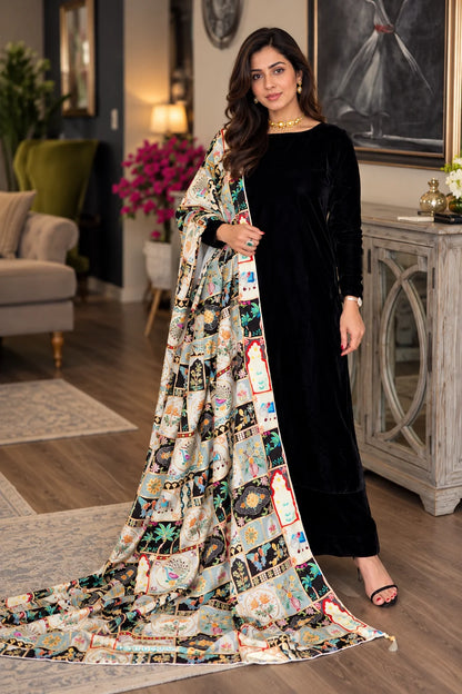 Poshak Villa Embroidered Micro Velvet 3 Piece D-2018