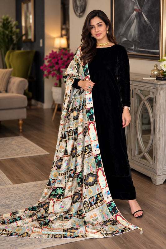 Poshak Villa Embroidered Micro Velvet 3 Piece D-2018